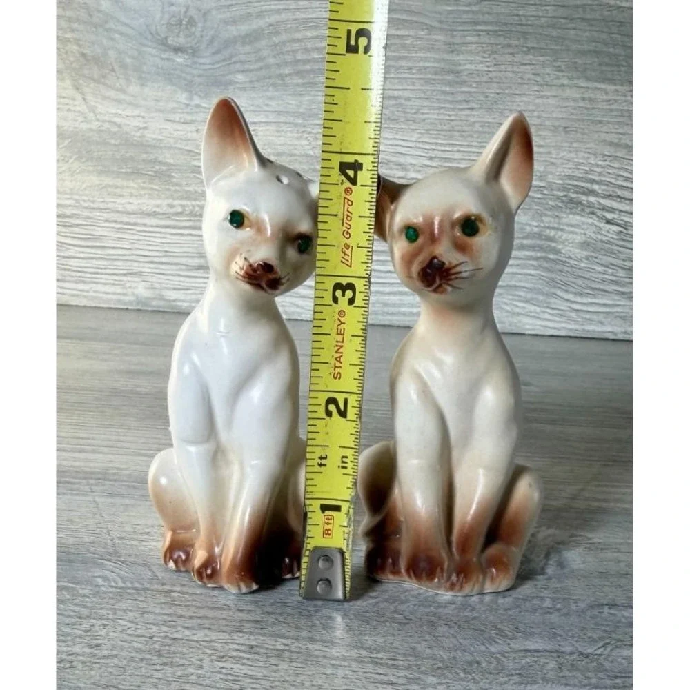 Vtg Salt & Pepper Shakers Siamese Cat Green Rhinestone Eyes W/Stoppers Japan